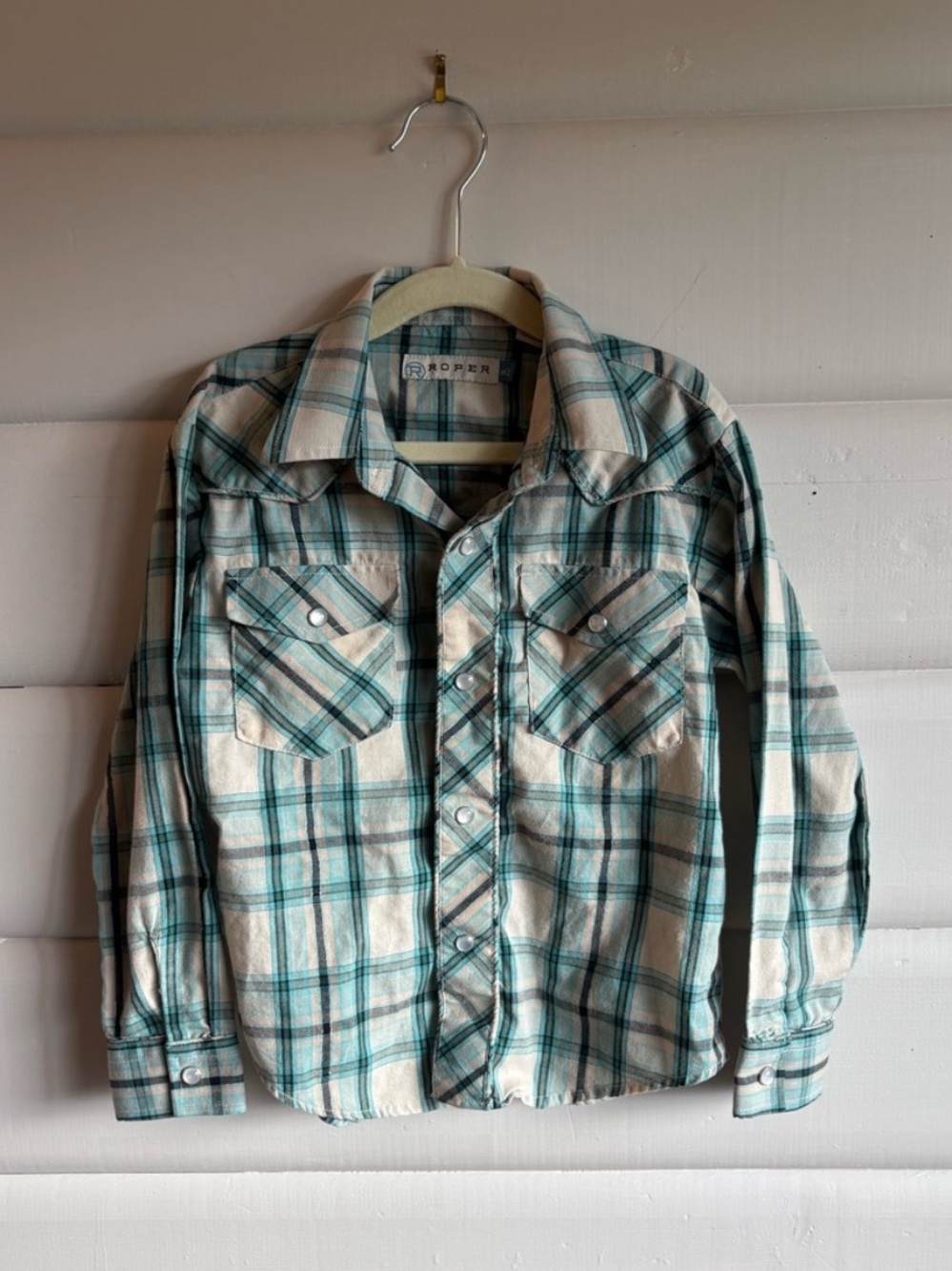 Roper Girls Western Plaid Pearl Snap Shirt Metallic Thread Cowgirl Sz 6/7